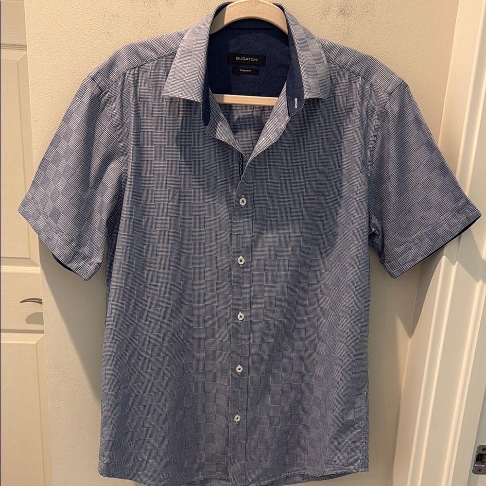 Bugatchi Blue Short Sleeve Shirt Crisscross pattern size large